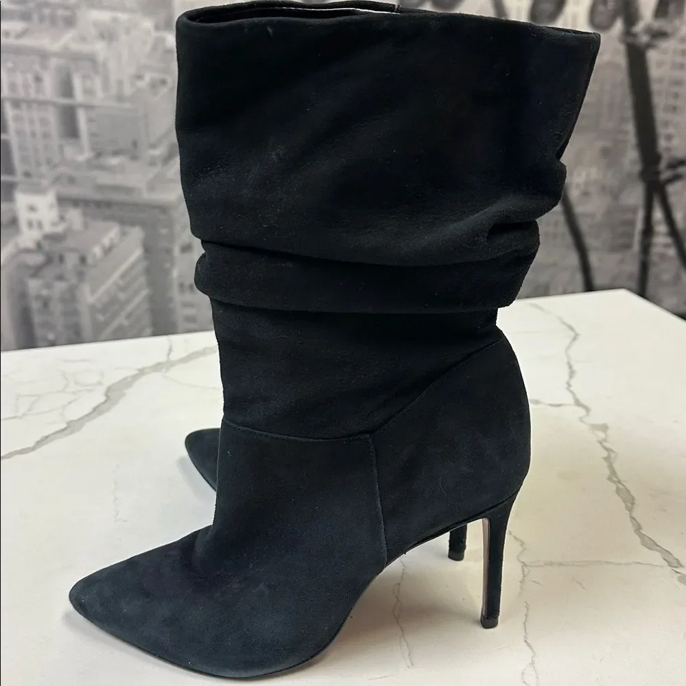 Schutz Ashlee Suede Slouch Mid-Calf Booties Stiletto Heel Boots Black 7.5 - Picture 6 of 10